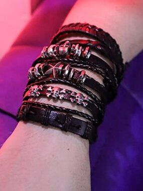 NEW 6 Pcs Leather Bracelet Braided Wide Wristband Punk Rock Jewelry Skull Stack